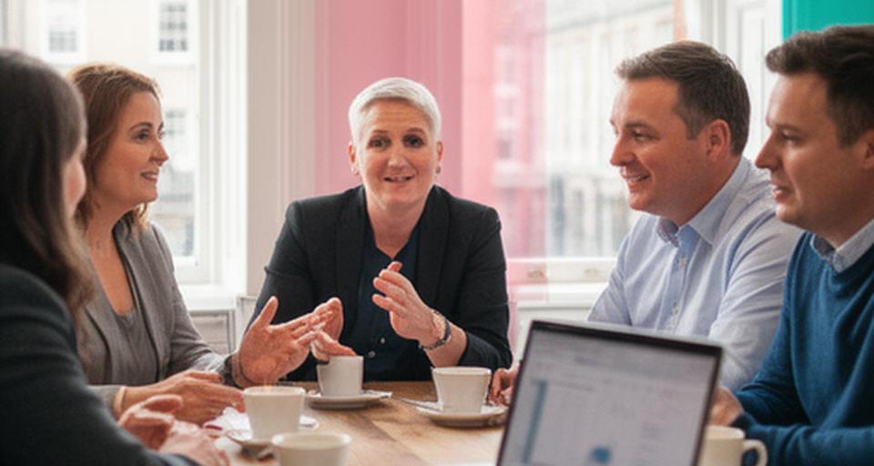 Irish business owners discussing exit planning over coffee in a bright Dublin meeting room with Georgian windows